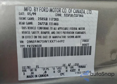 1999 Mercury Grand Marquis Ls из США, поврежденный, VIN 2MEFM75W1XX714492